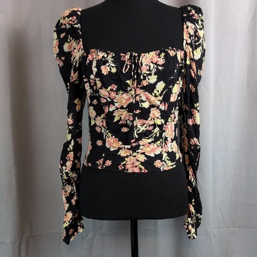 Free People Hillary Floral‎ Puff Sleeve Smocked Corset Crop Top SZ S MSRP 98 New